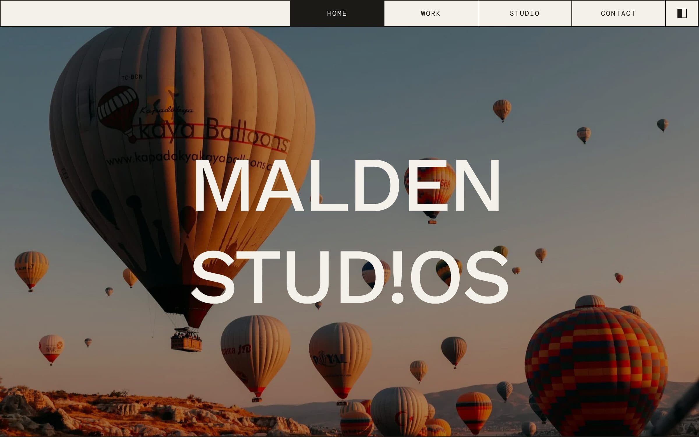 The Malden Studios home page: the wordmark over hot-air balloons at dawn