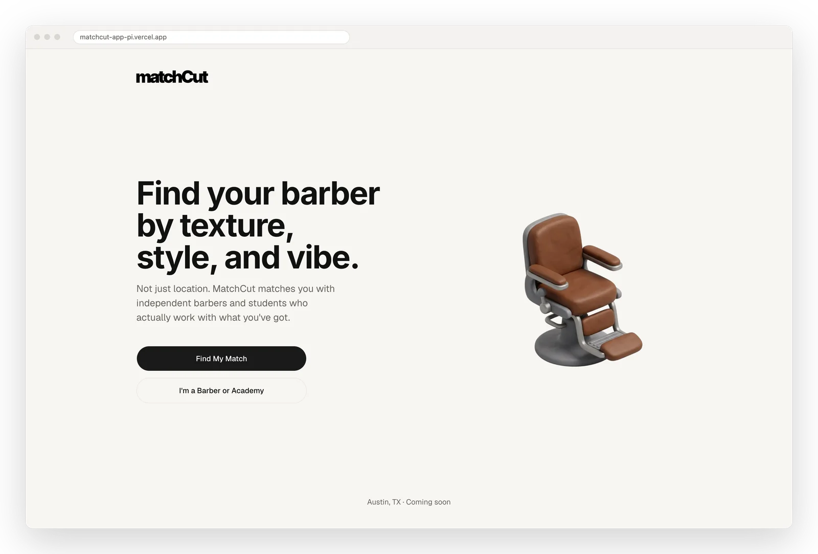 MatchCut landing page: "Find your barber by texture, style, and vibe" beside a 3D barber chair
