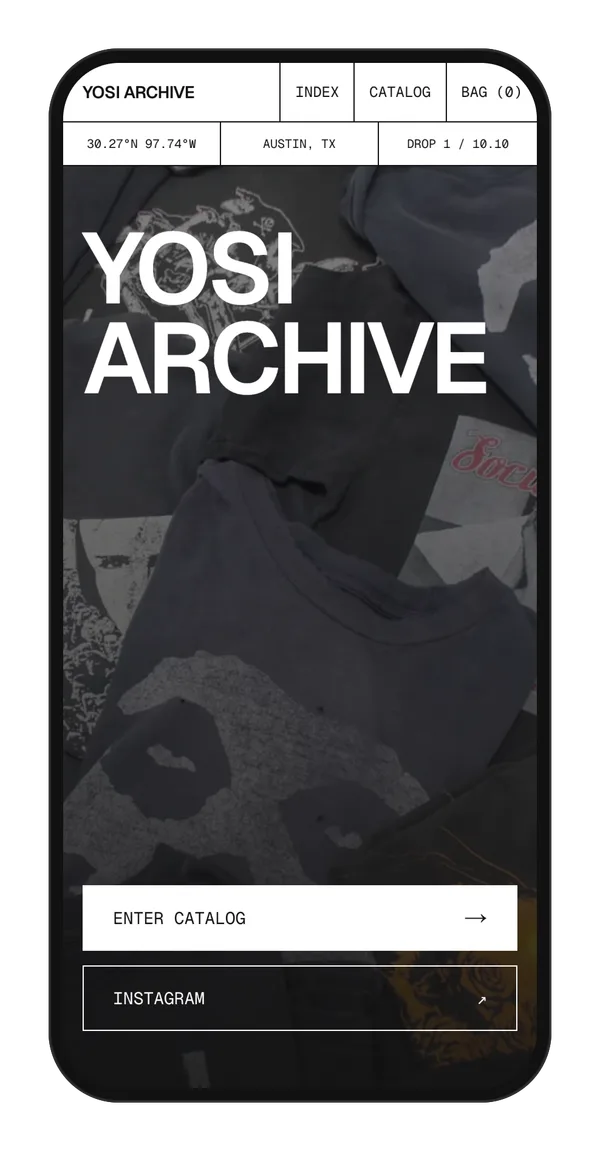 YOSI Archive phone home page with the wordmark over a photo of band tees